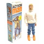 Palitoy Action Man Vintage Adventurer - flock head and beard figure, white sweater, jeans and boo...