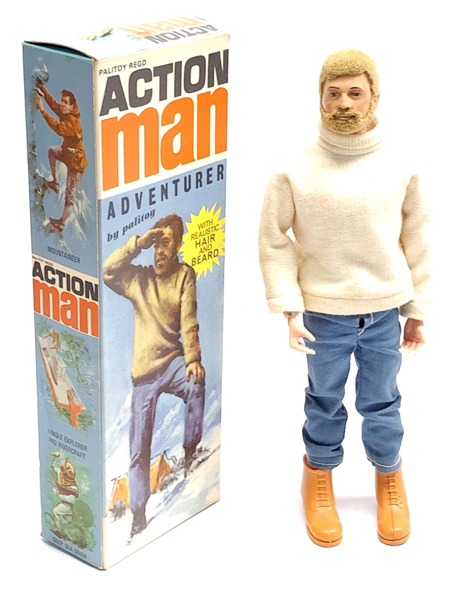 Palitoy Action Man Vintage Adventurer - flock head and beard figure, white sweater, jeans and boo...