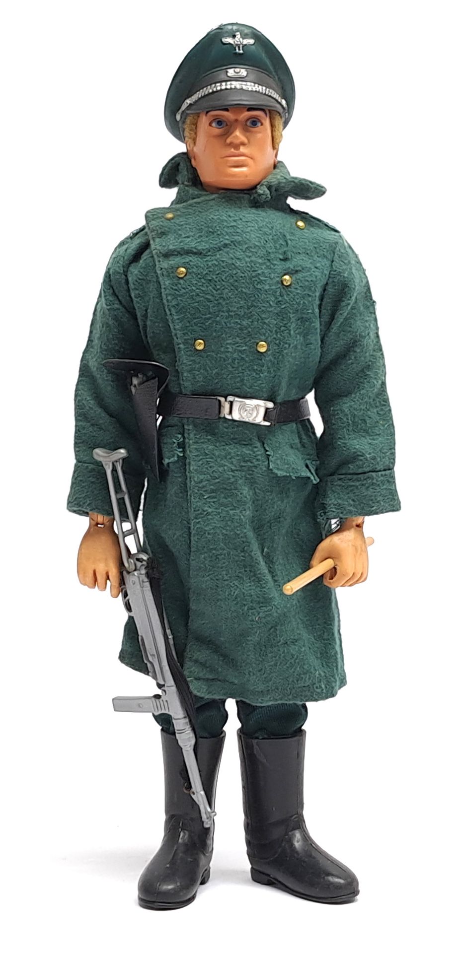 Palitoy Vintage Action Man Camp Kommandant, blonde flock hair, blue pants, eagle-eyes, gripping h...