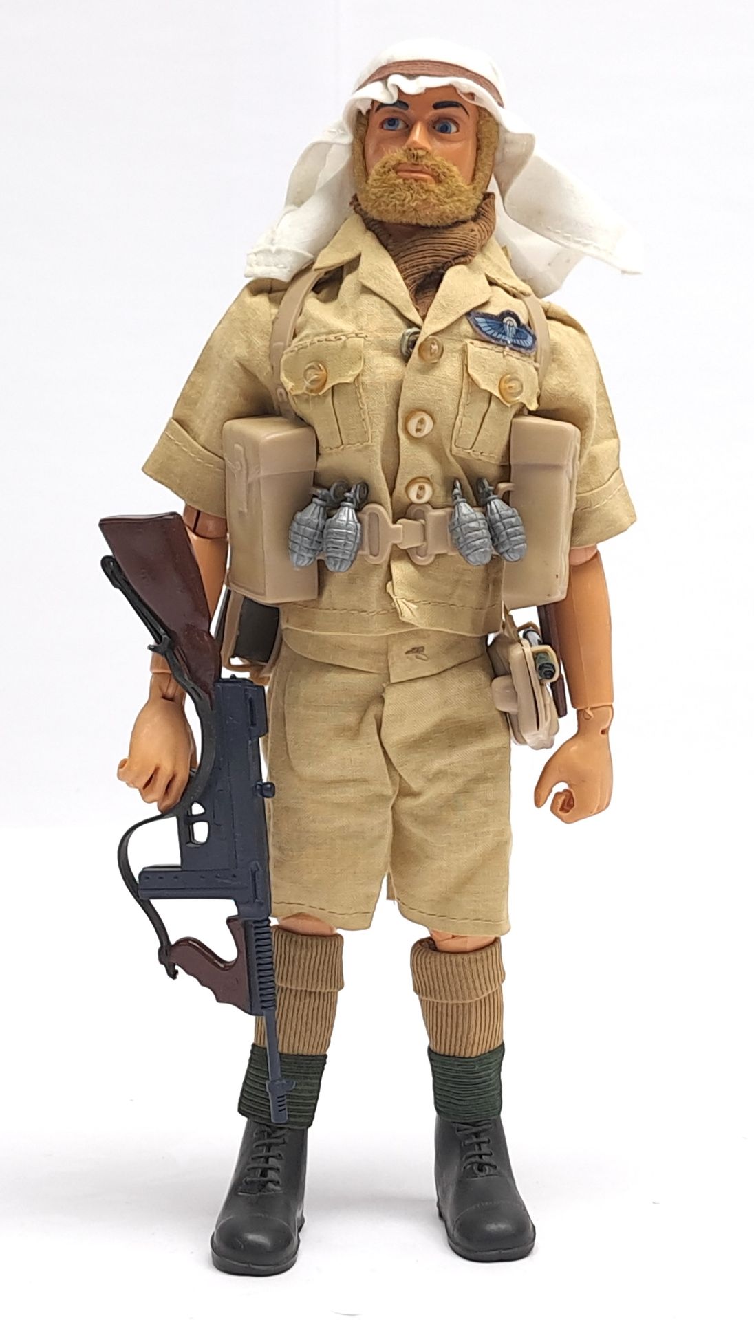 Palitoy Vintage Action Man Long Range Desert Group, blonde flock hair and beard, blue pants, eagl...