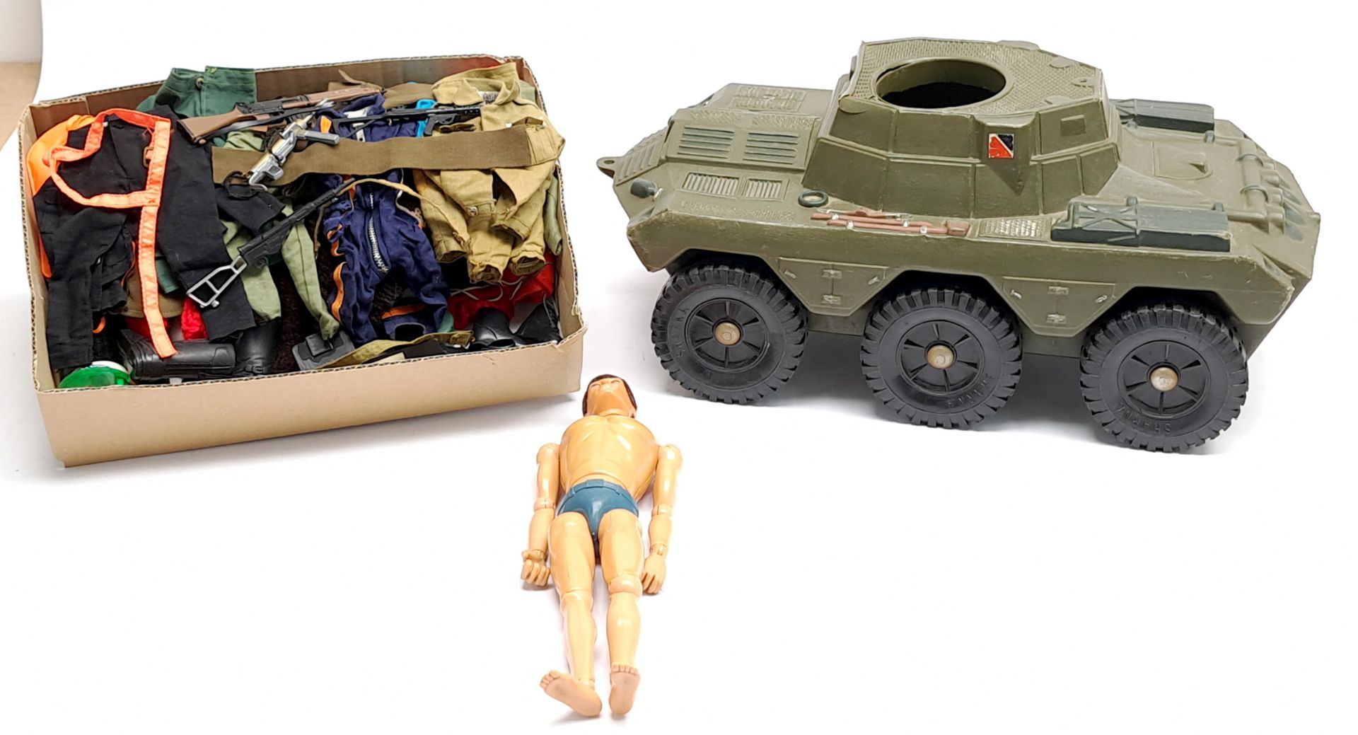 Palitoy Action Man vintage, unboxed group to include undressed flock head, gripping hands, blue p...