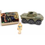 Palitoy Action Man vintage, unboxed group to include undressed flock head, gripping hands, blue p...