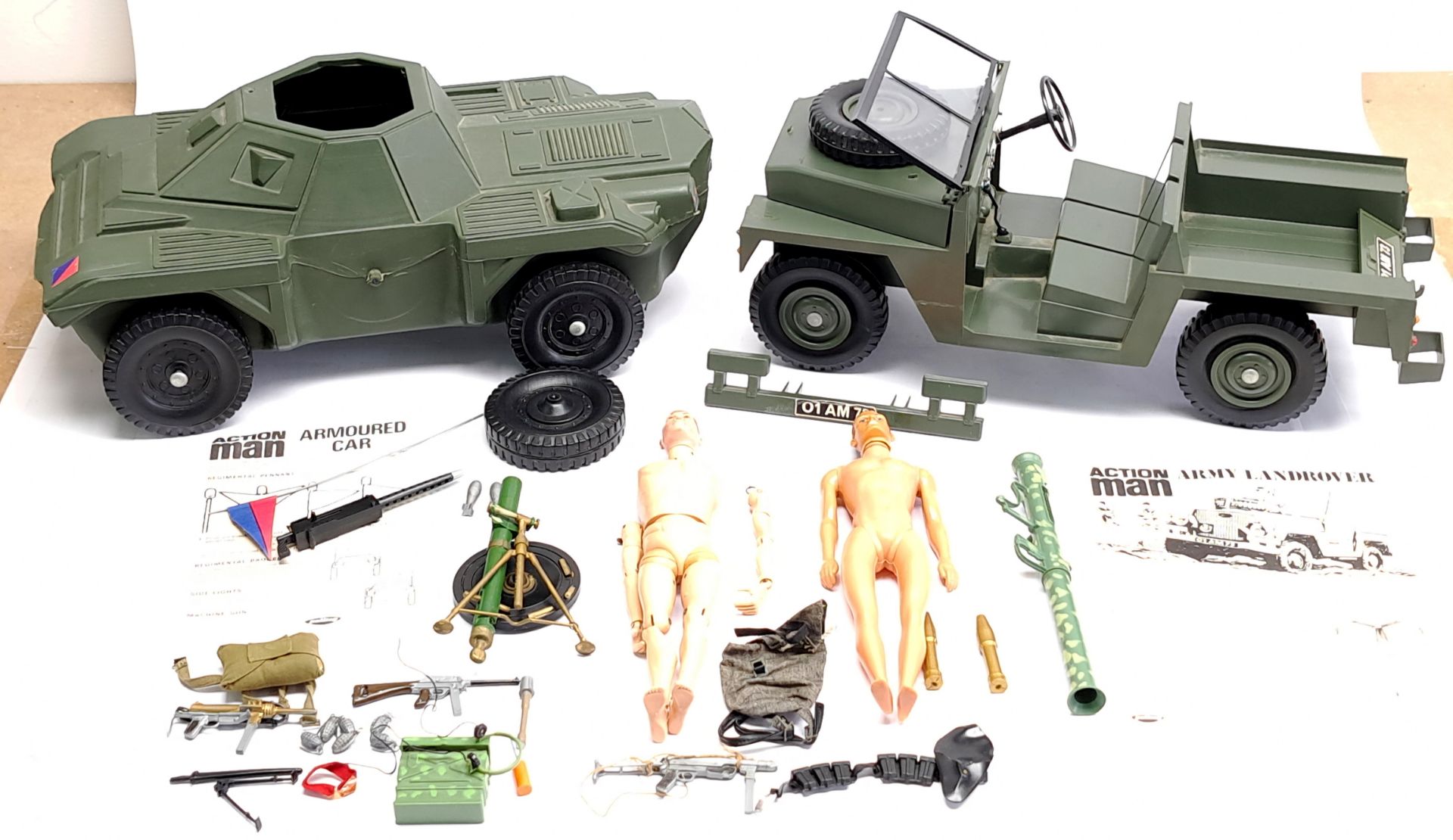 Palitoy Action Man Vintage unboxed group comprising (1) 34713 Land Rover - with fold-down windscr...