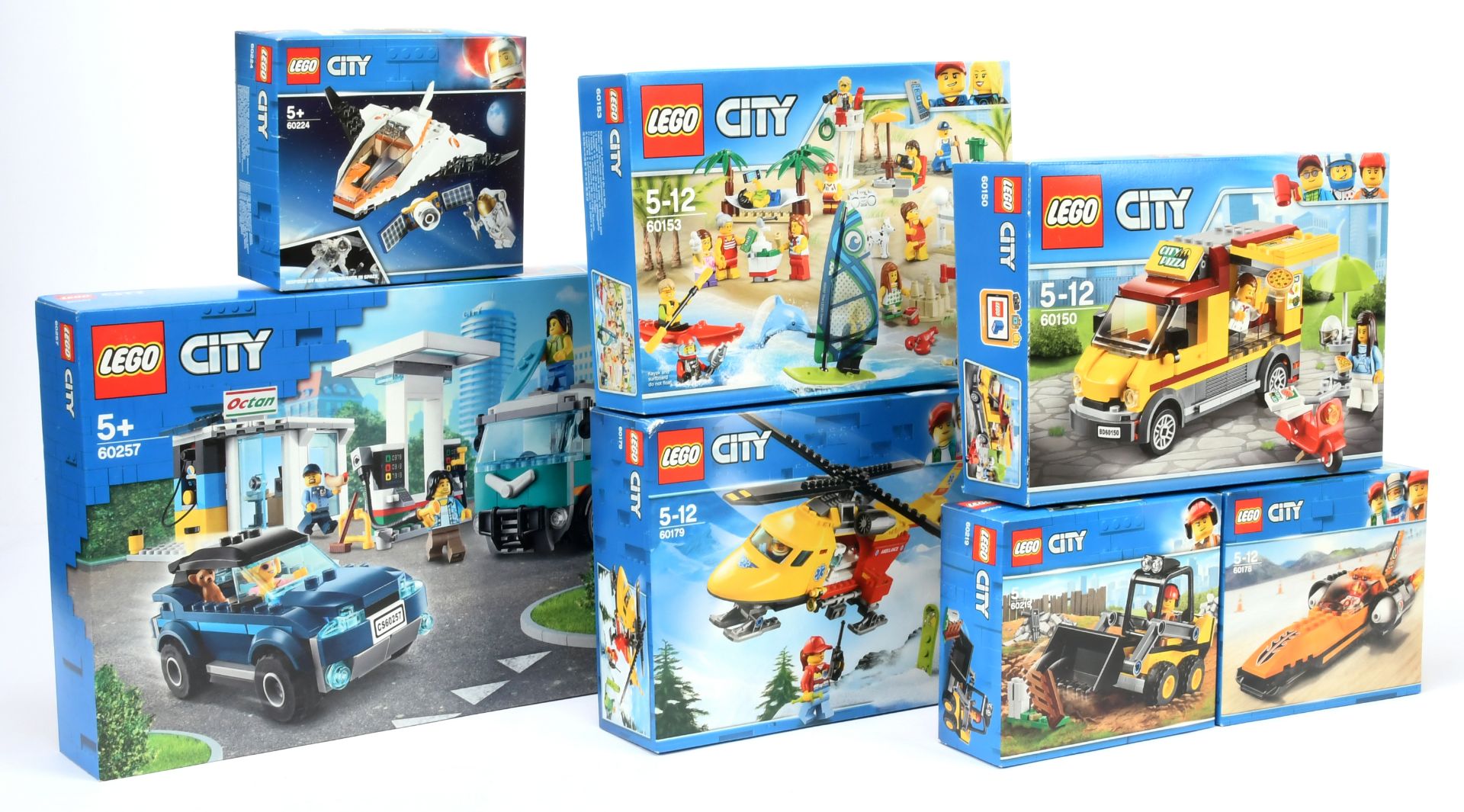 Lego City sets x 7 includes 60150 Pizza Van Takeaway, 60153 Fun at the Beach, 60179 Helicopter Sn...