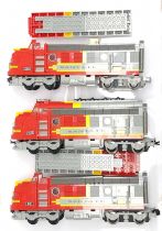 Lego Railway a group of Diesel Type Locomotives with "Santa Fe" logos