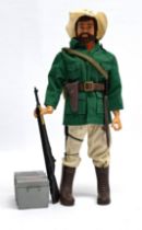 Palitoy Vintage Action Man Jungle Explorer, dark flock hair and beard, blue pants, eagle-eyes, gr...