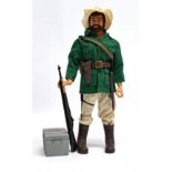 Palitoy Vintage Action Man Jungle Explorer, dark flock hair and beard, blue pants, eagle-eyes, gr...