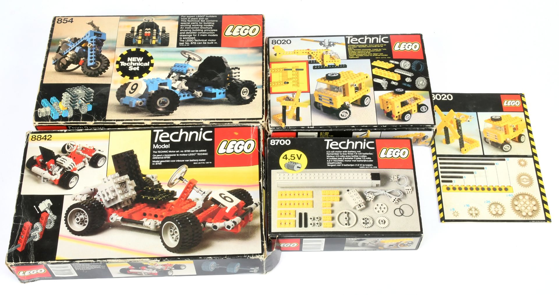 Lego Technics group (1) 854  (2) 8842 - no instructions (3) 8020 (4) 8700 4.5v motor set - Fair t...