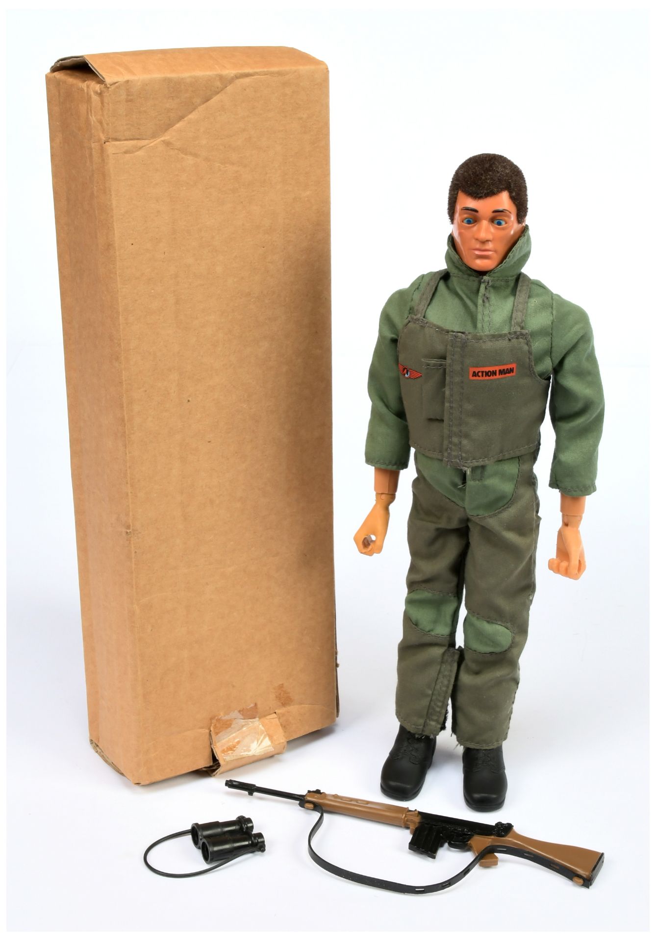 Palitoy Action Man vintage figure - dynamic body with SLR rifle and binoculars, appears to be dre...