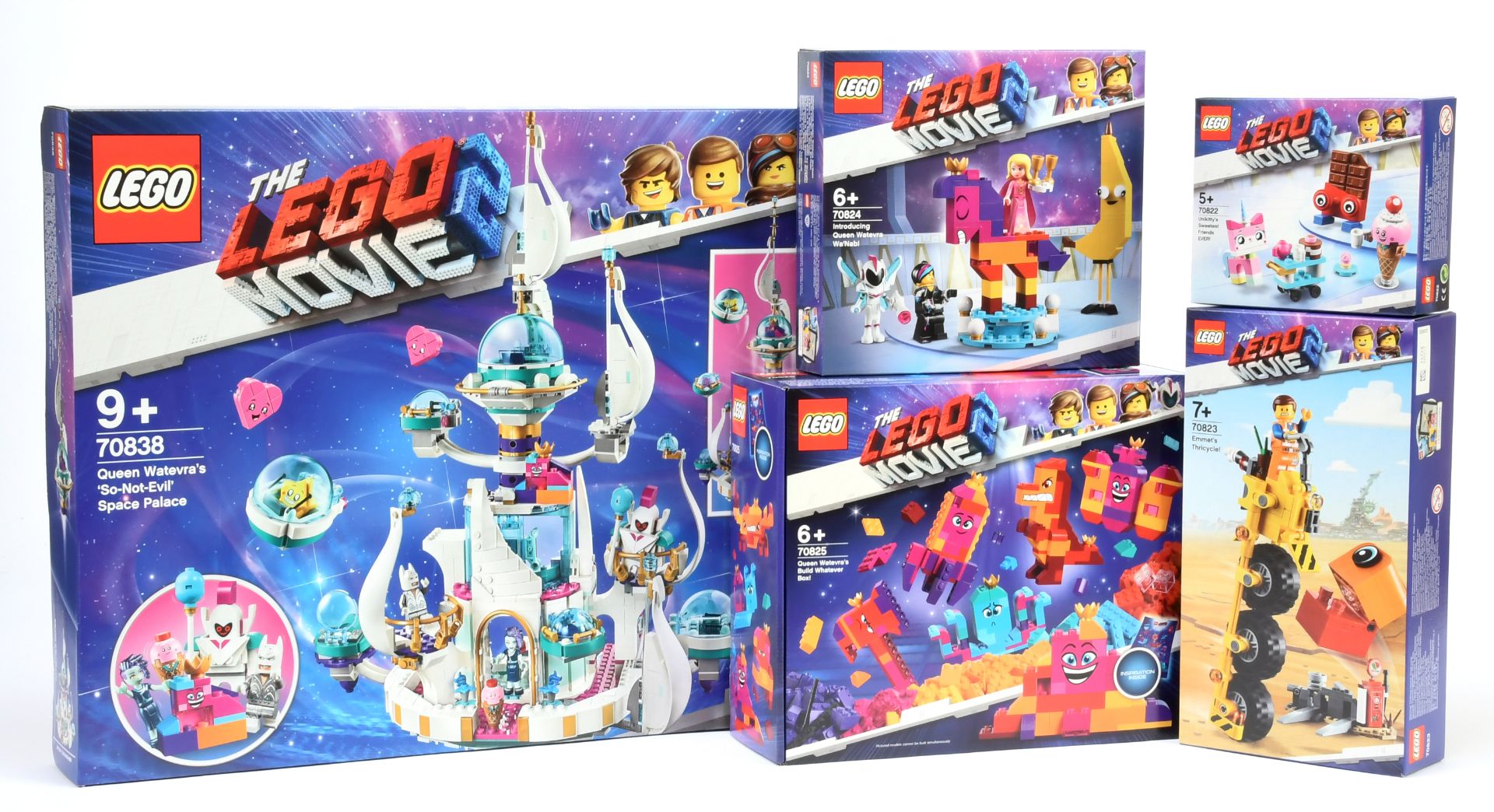 Lego the Movie sets x 5 includes 70838 Queen Watevra's 'So-Not-Evil' Space Palace, 70822 Unikitty...