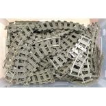 Lego a large quantity of mostly 9V Railway Track, grey plastic with metal running rails, includes...