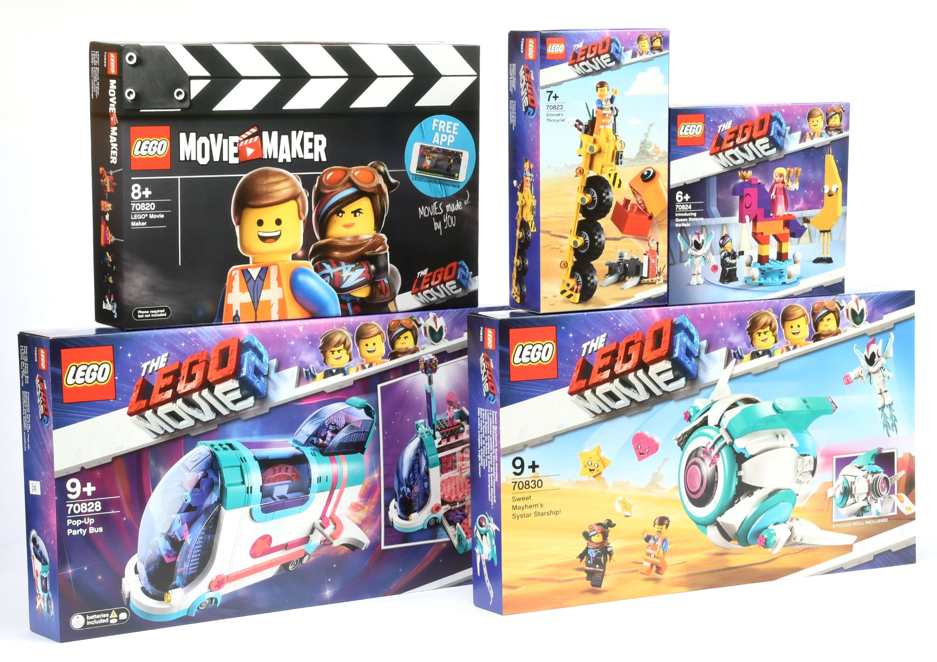 Lego the Movie sets x 5 includes 70820 Movie Maker, 70823 Emmet's Thricycle, 70824 Introducing Qu...