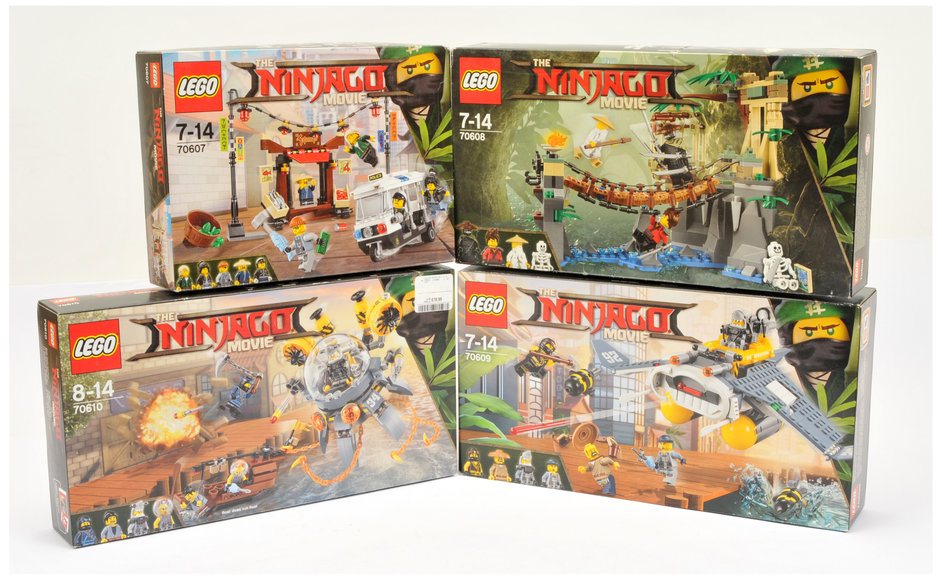 Lego Ninjago Movie group to include (1) 70607 City Chase, (2) 70608 Master Falls, (3) 70609 Manta...