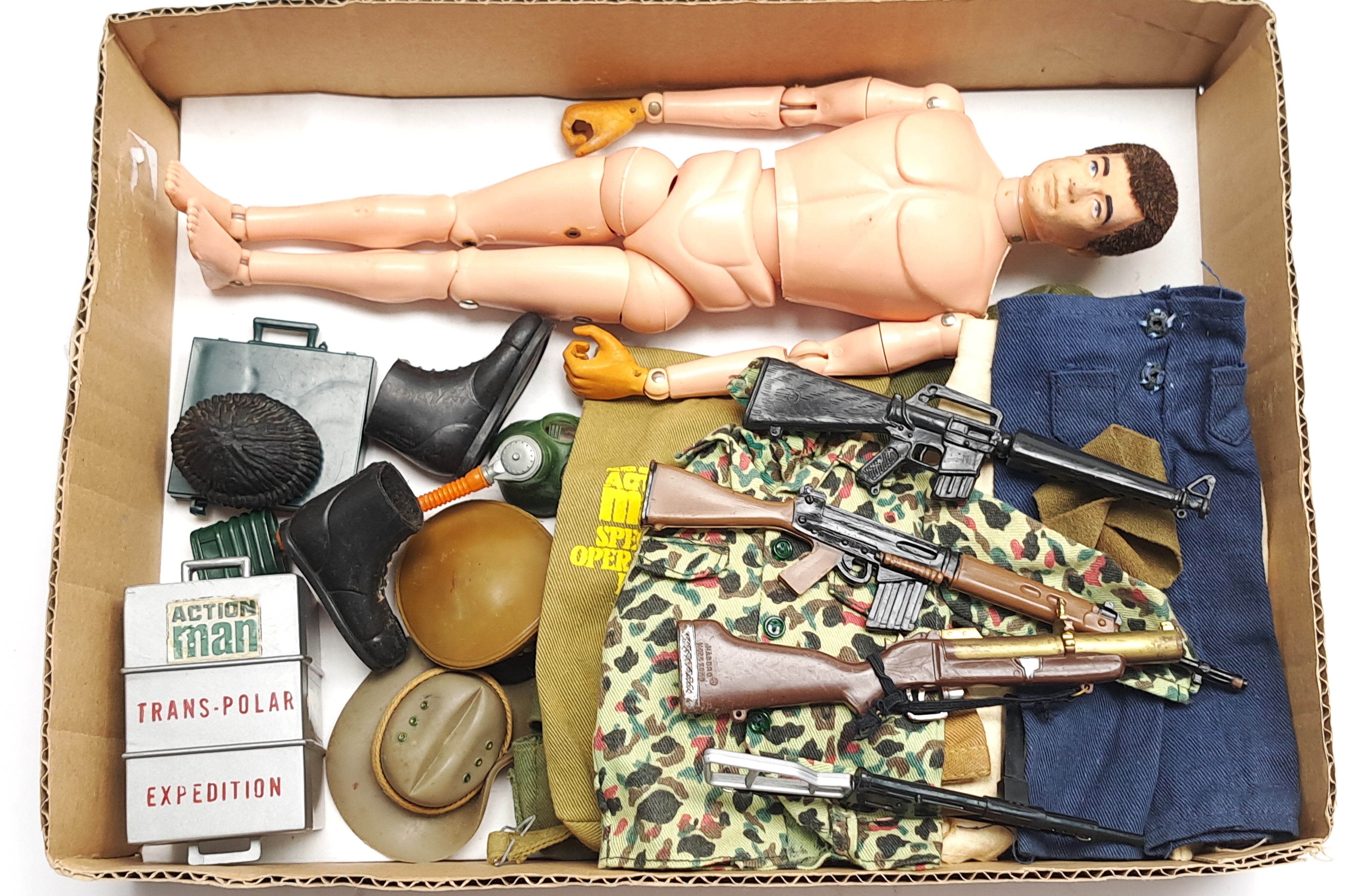 Palitoy Action Man vintage, unboxed group to include undressed flock head, gripping hands figure ...