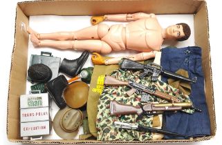 Palitoy Action Man vintage, unboxed group to include undressed flock head, gripping hands figure ...