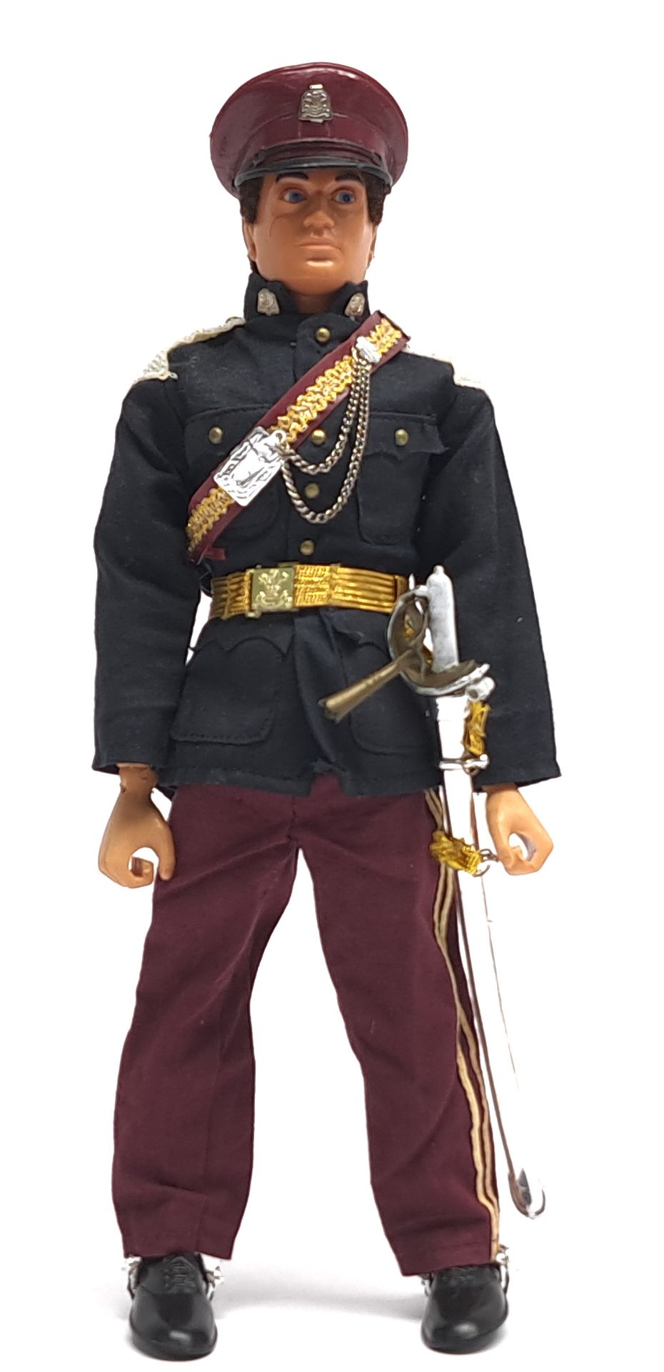 Palitoy Vintage Action Man Royal Hussar, dark flock hair, blue pants, eagle-eyes, gripping hands,...