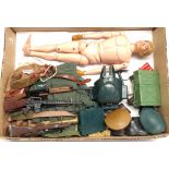 Palitoy Action Man vintage, unboxed group to include undressed flock head, gripping hands figure ...