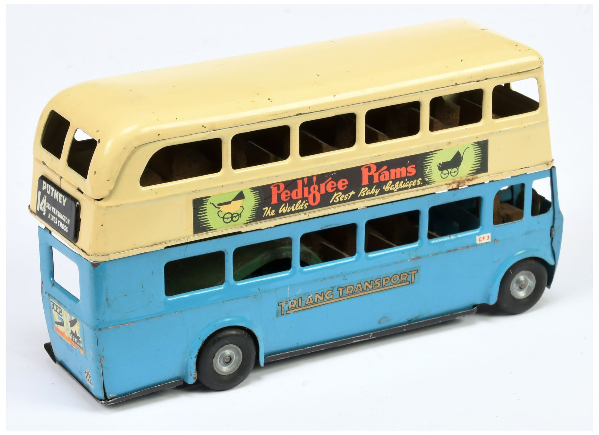 New Zealand Triang Minic Double Decker bus, blue and cream, Penguin and Pedigree adverts, untested a - Bild 2 aus 2