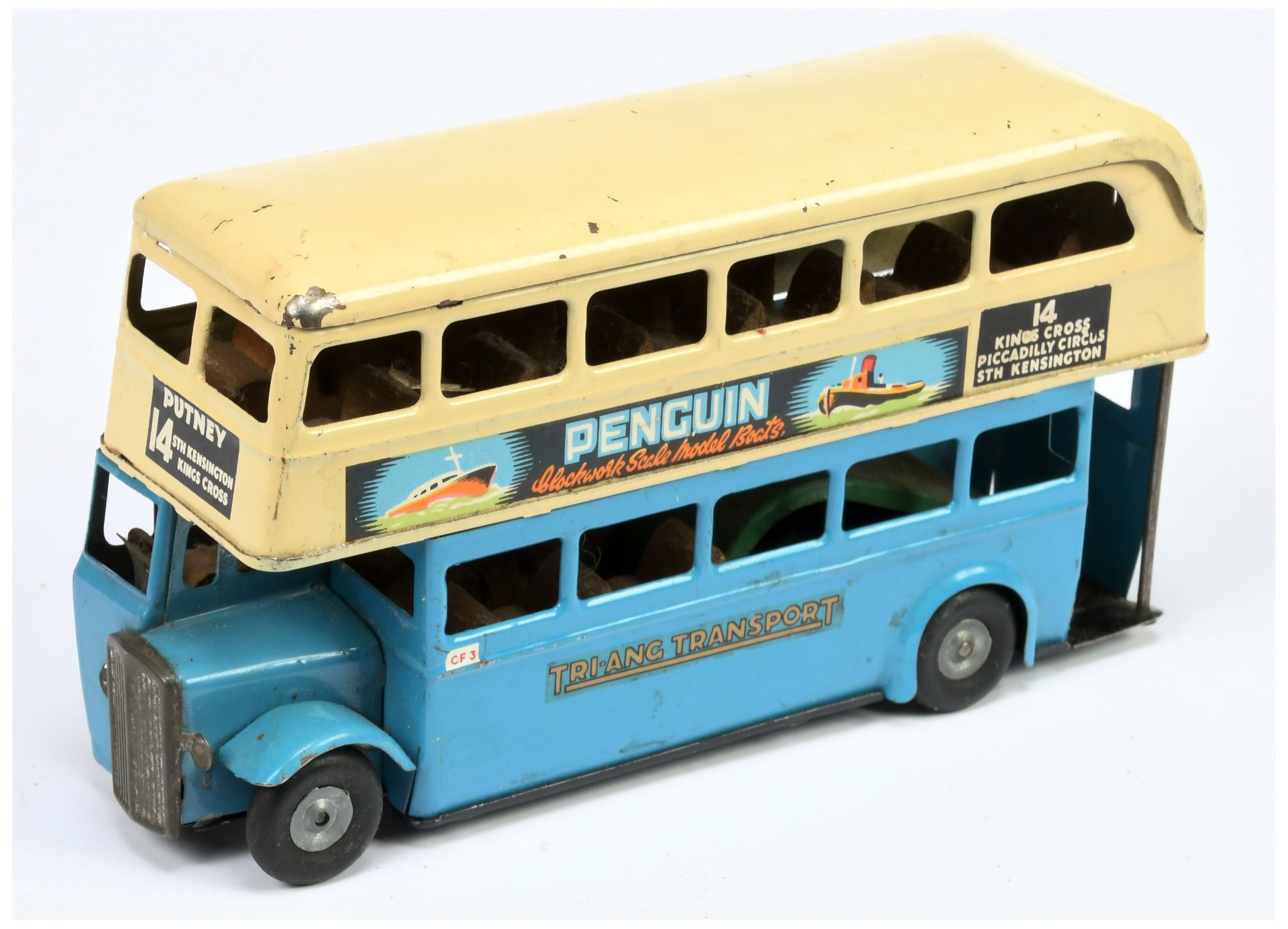 New Zealand Triang Minic Double Decker bus, blue and cream, Penguin and Pedigree adverts, untested a