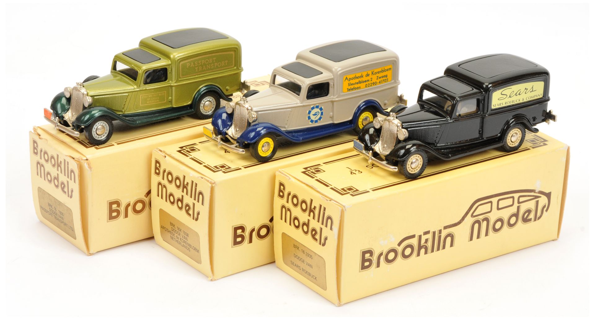 Brooklin group of cars to include 2 x BRK16 1935 Dodge Van Sears Roebuck & Passport Transport 