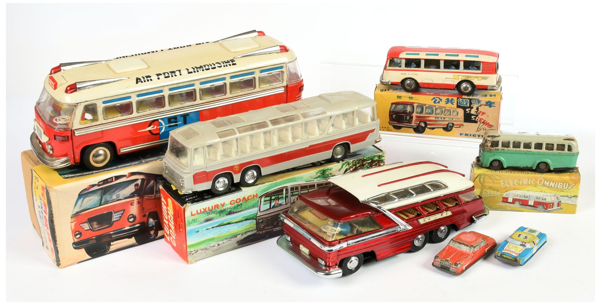 Tinplate/Plastic buses & cars x 7