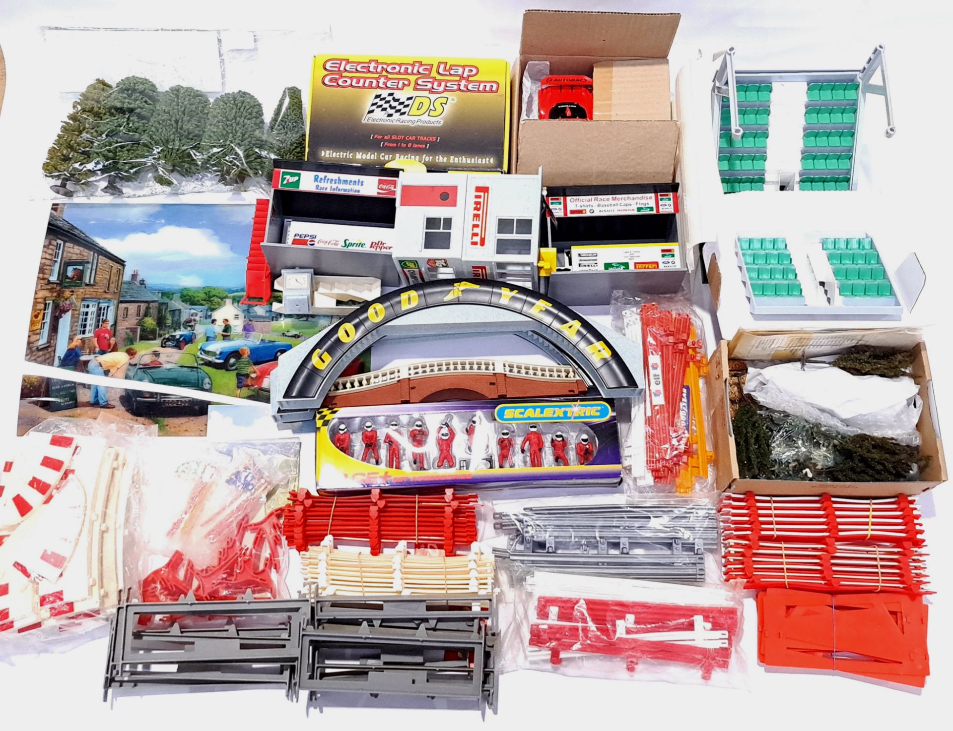 Scalextric and similar a mixed large group of Accessories including Trees, buildings and figures,...