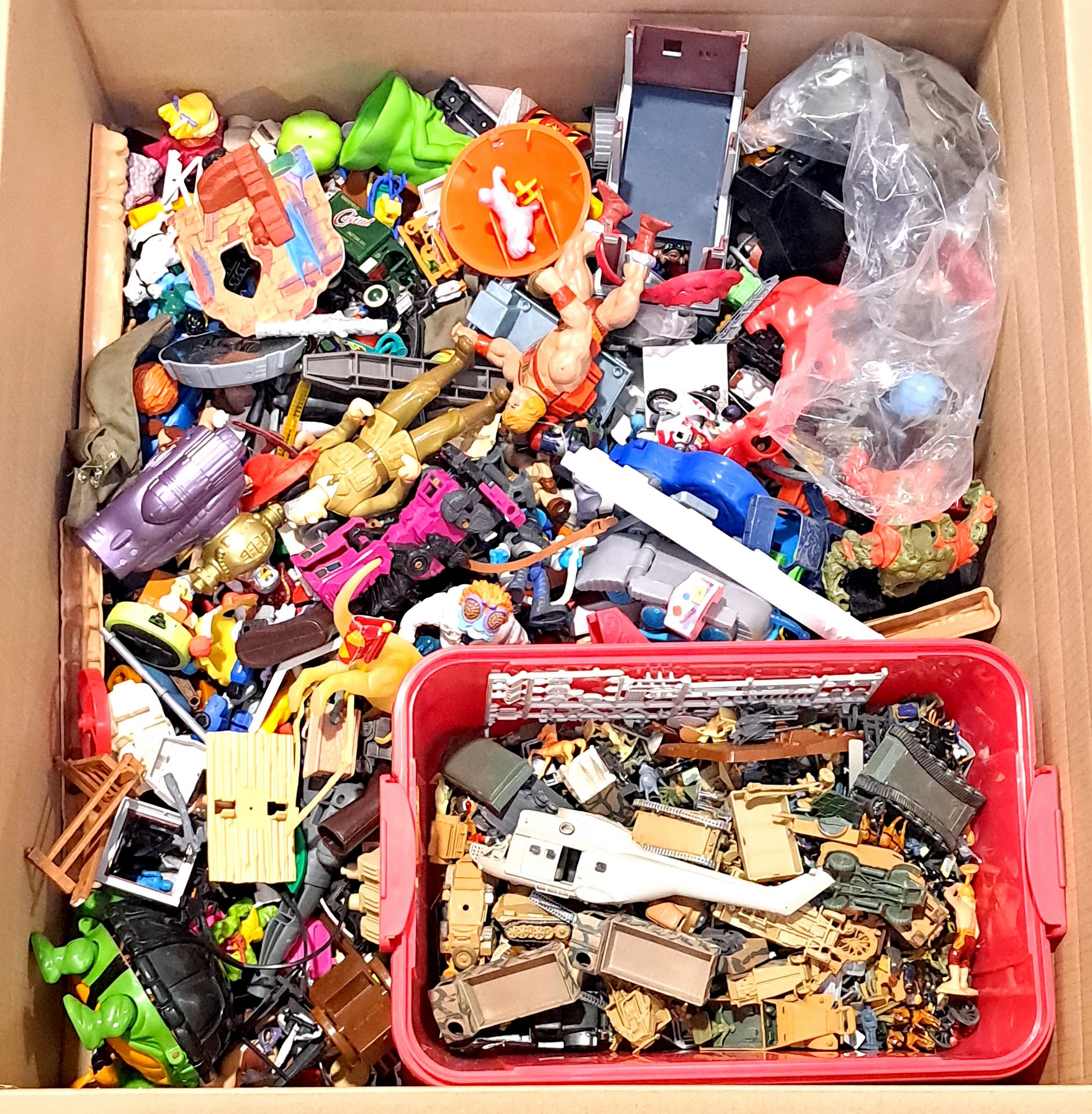 A mixture of McDonalds Toys and other Toy figures with a tub of plastic military cars. Not checke...