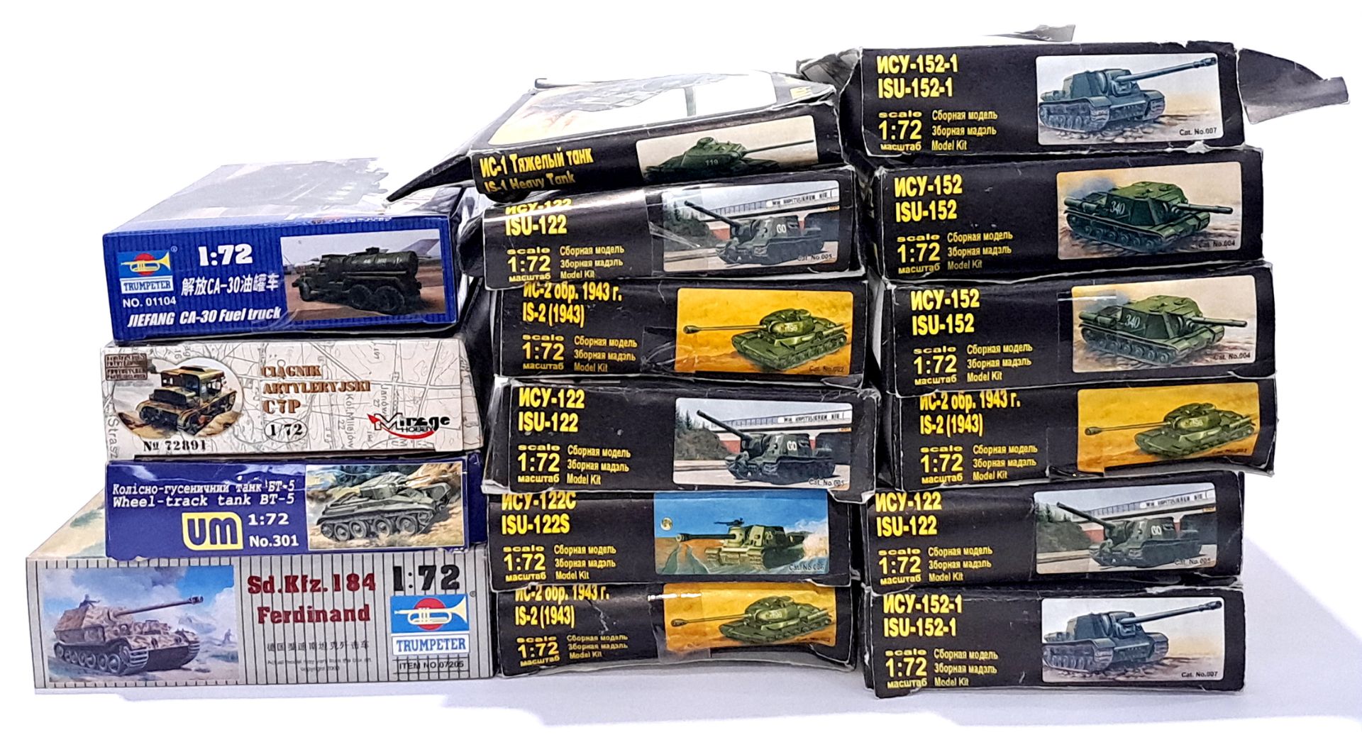 UM, Trumpeter and similar, a mixed boxed group of 1/72 and similar scale Tanks and Trucks. Not ch...