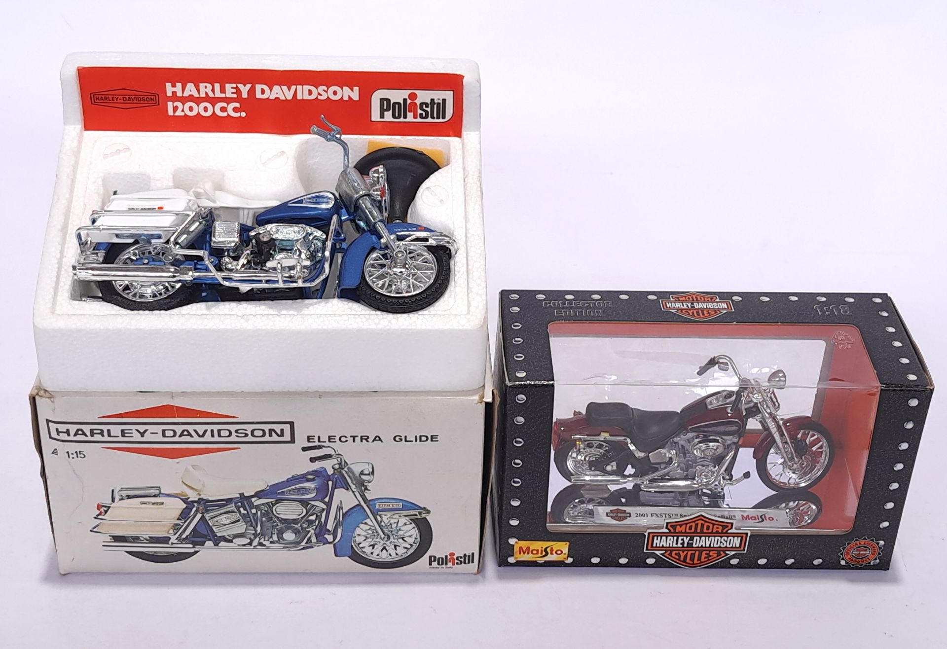 Polistil & Maisto, a boxed 1:15 & 1:18 scale Harley Davidson pair