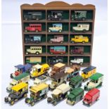 Corgi, Matchbox, Lledo, an unboxed vehicle group plus display cabinet