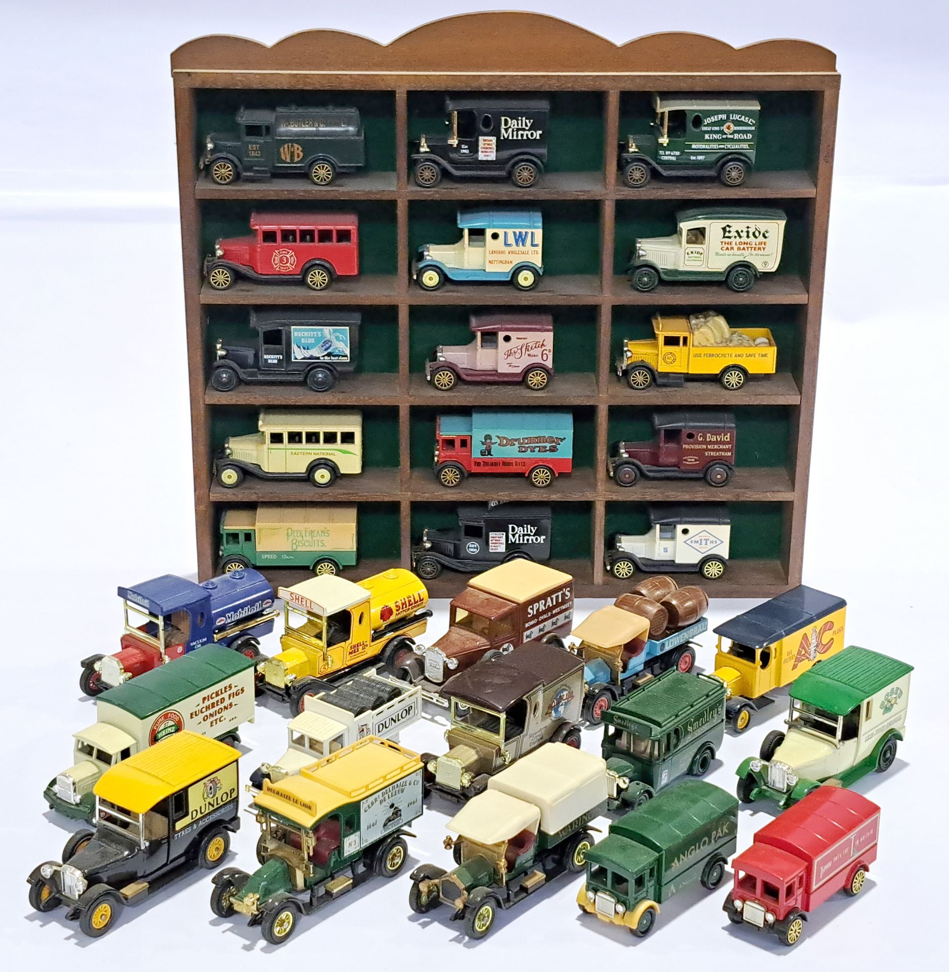 Corgi, Matchbox, Lledo, an unboxed vehicle group plus display cabinet