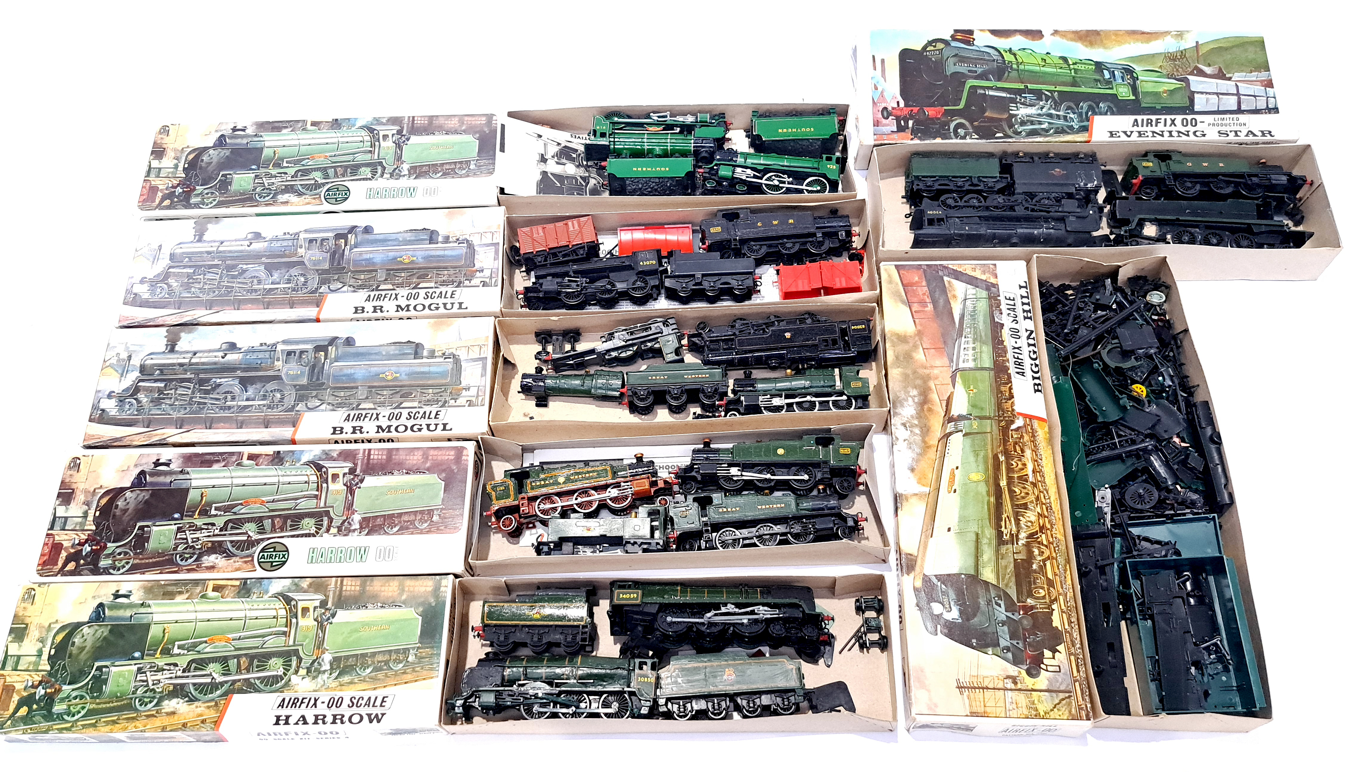 Airfix and similar, a mixed boxed group of Train Kits, Most appear to be partly built and a lot o...