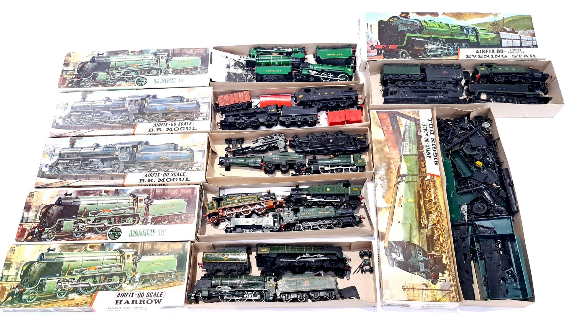 Airfix and similar, a mixed boxed group of Train Kits, Most appear to be partly built and a lot o...