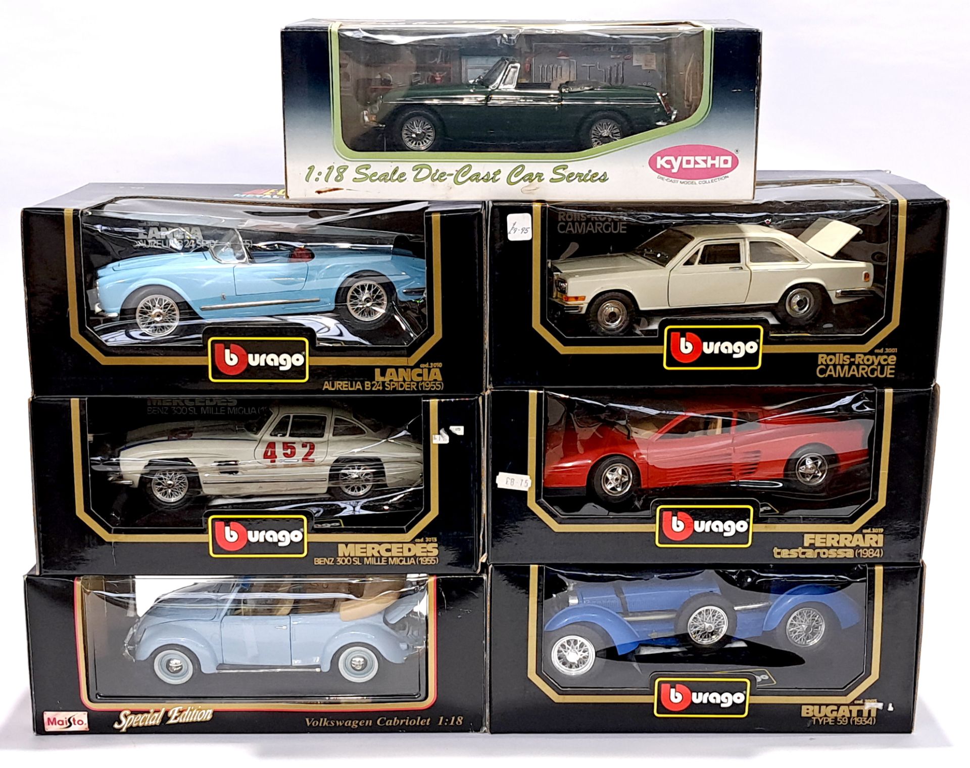 Bburago, Maisto & Kyosho, a boxed 1:18 scale group