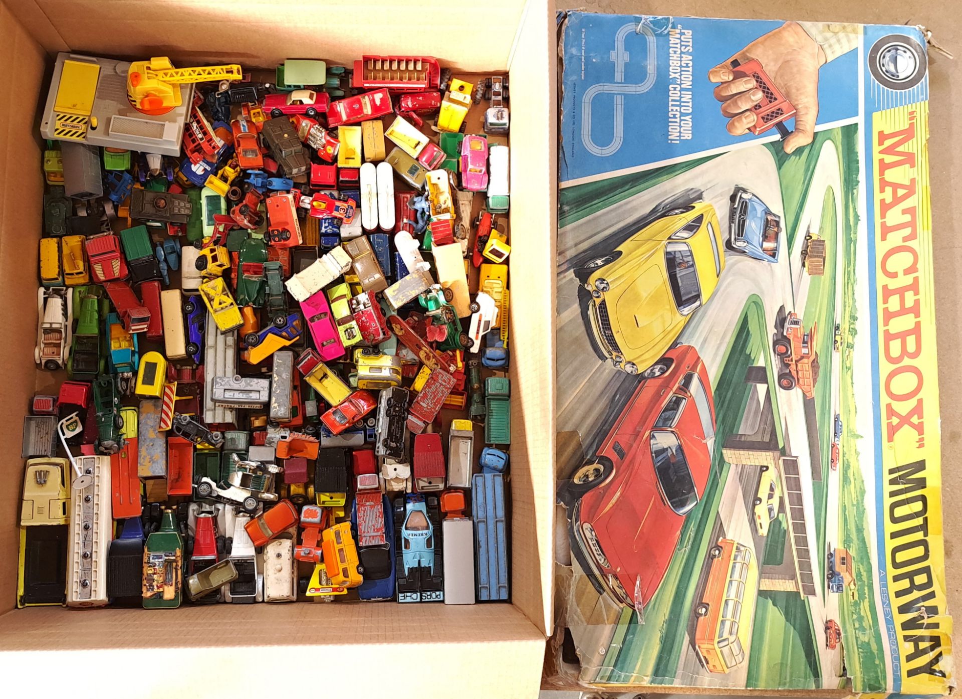 Matchbox, a large quantity of unboxed vehicles, plus boxed Matchbox Motorway set