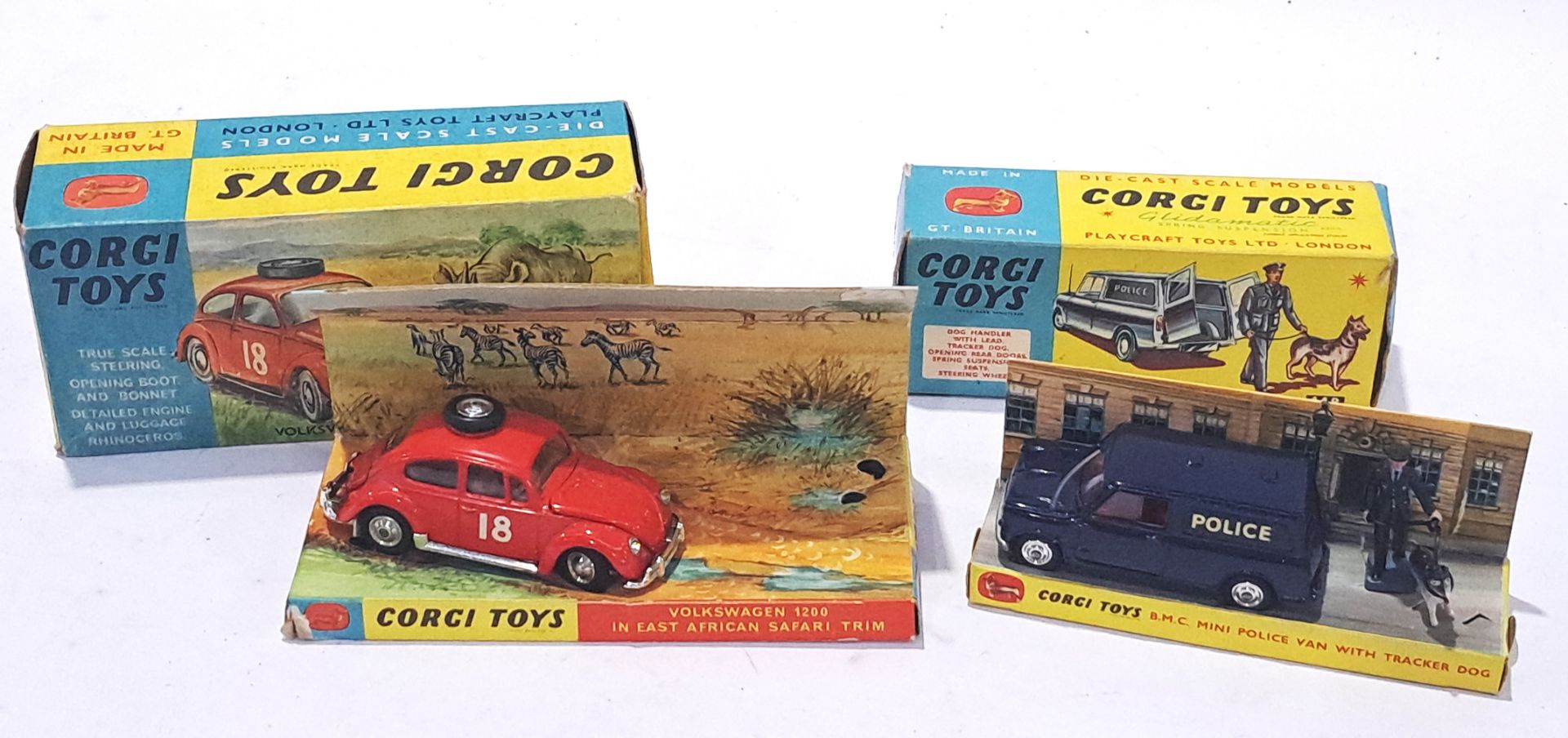 Corgi, a mixed boxed pair, to include Corgi 448 BMC Mini Van "Police" and Corgi 256 "East African...