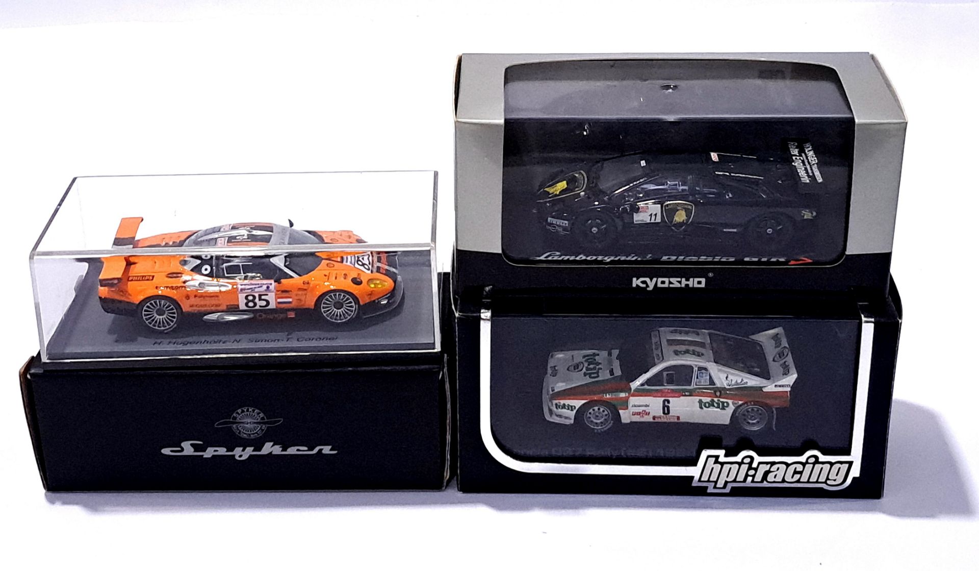 Spyker, Kyosho and similar a mixed trio of Racing cars. Conditions generally appear Mint in gener...
