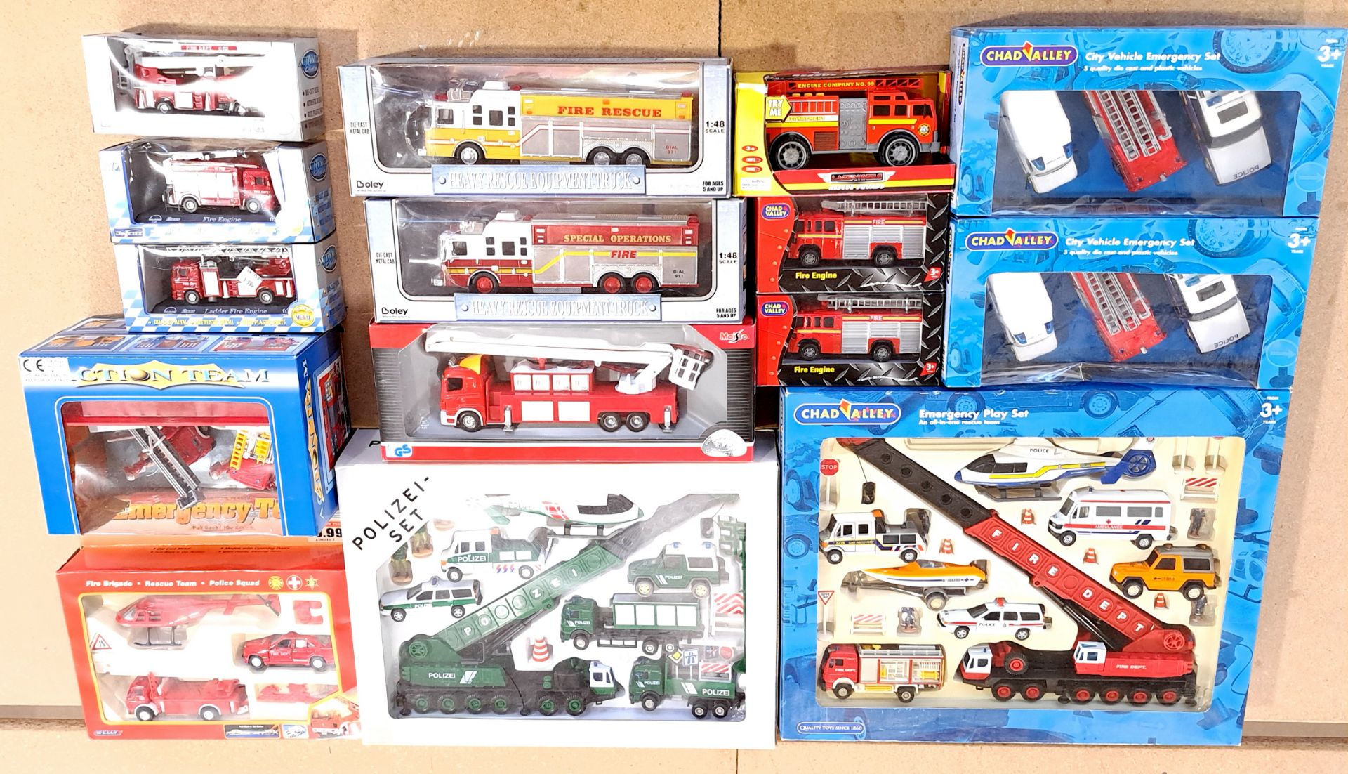 Chad Valley, Maisto, Joy City & similar, a boxed Emergency vehicle group & multi-vehicle sets