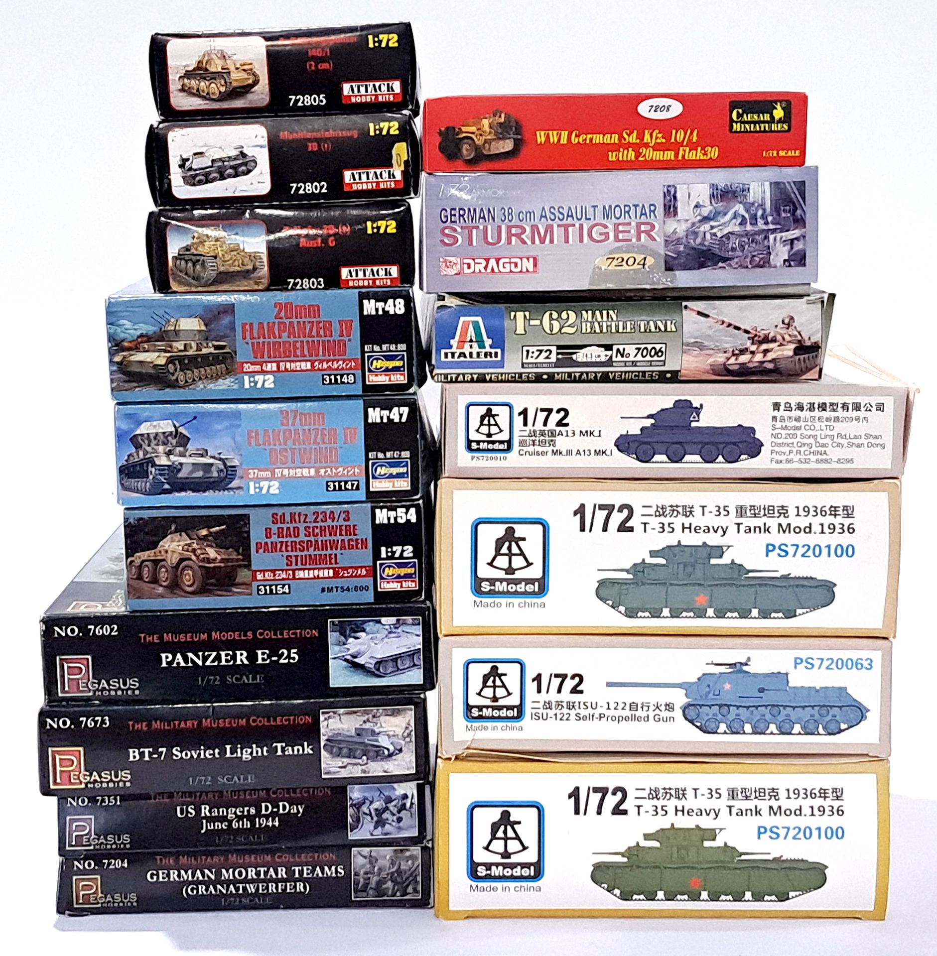 Hasegawa, Italeri and similar, a mixed boxed group of 1/72 and similar scale Tanks and Trucks. No...