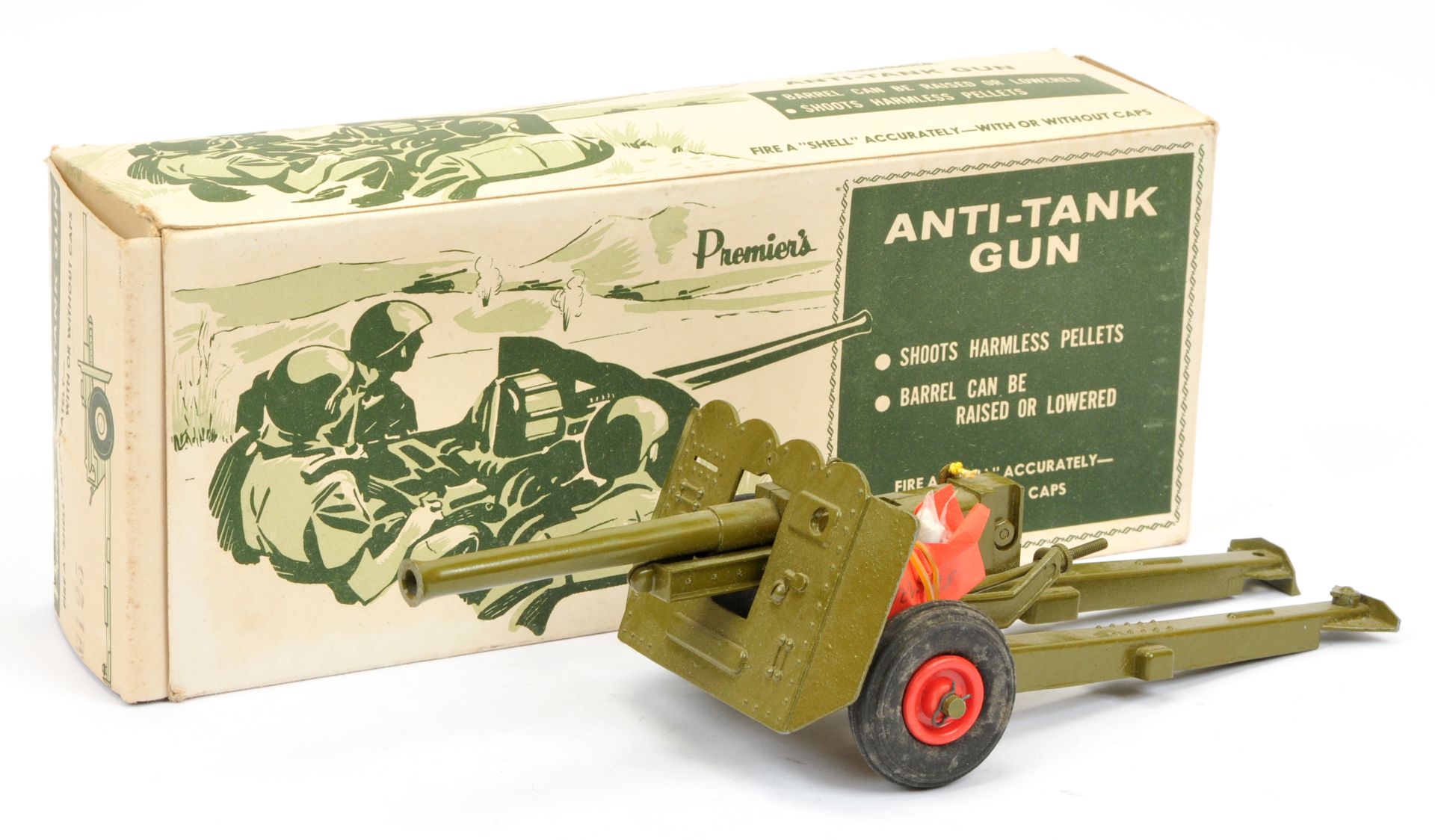 Premier (Japan) Anti-tank gun  - Military green with red plastic hubs, with some loose shells 