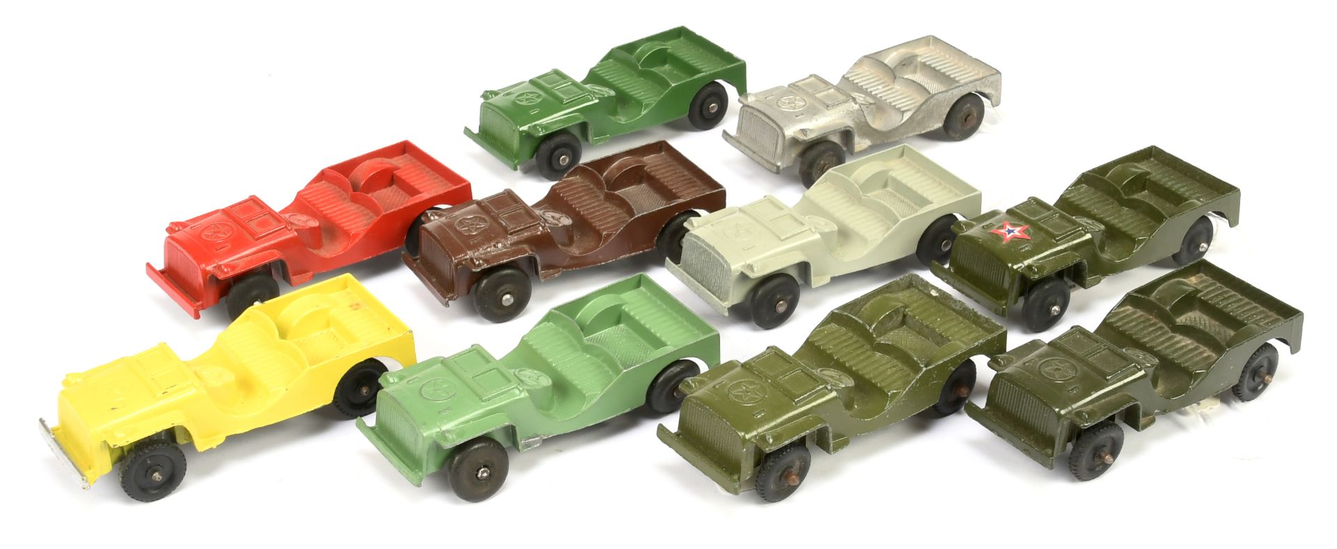 Tootsietoy military  Jeeps smaller scale group of 10  to include yellow, red, silver military gre...