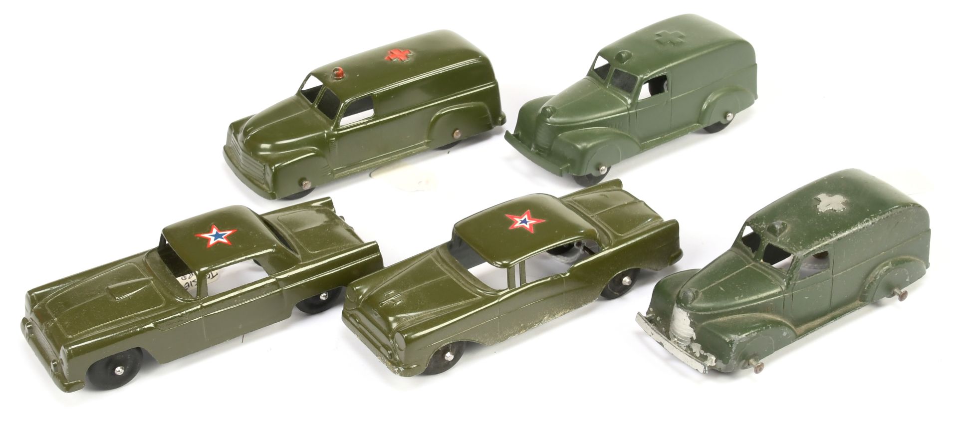 Tootsietoy military  group of 5  - "Ambulances" and "staff" cars to include 2 x "staff" cars