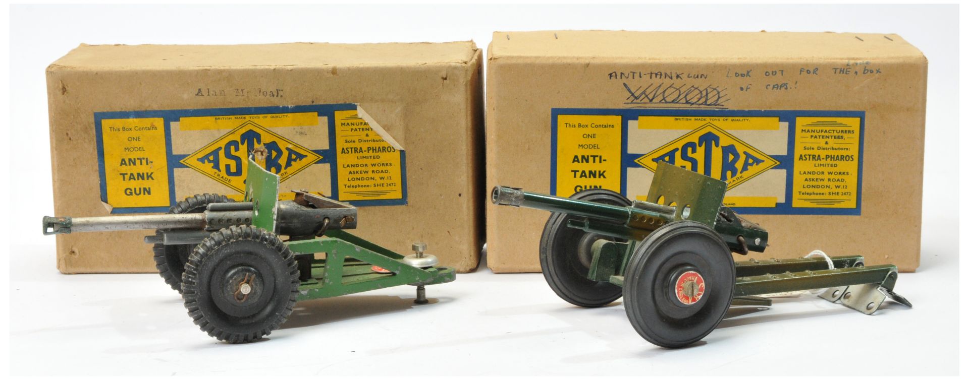 Astra Anti-Tank gun a pair (1) -  green, with black wheels and (2) same but Camouflage finish 