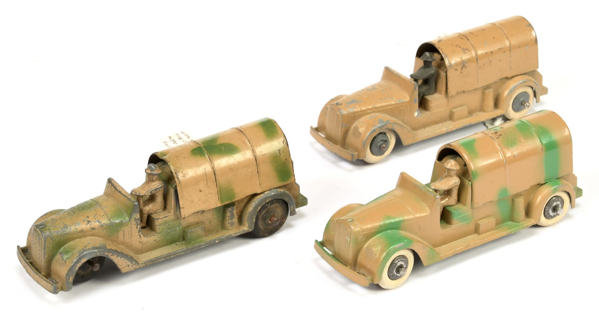 Tootsietoy group of 3 supply trucks  - (1) Camouflage green/tan, chrome hubs with white tyres