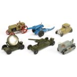 Tootsietoy group of 6 - to include Tractor, mobile searchlight field gun Plus others 