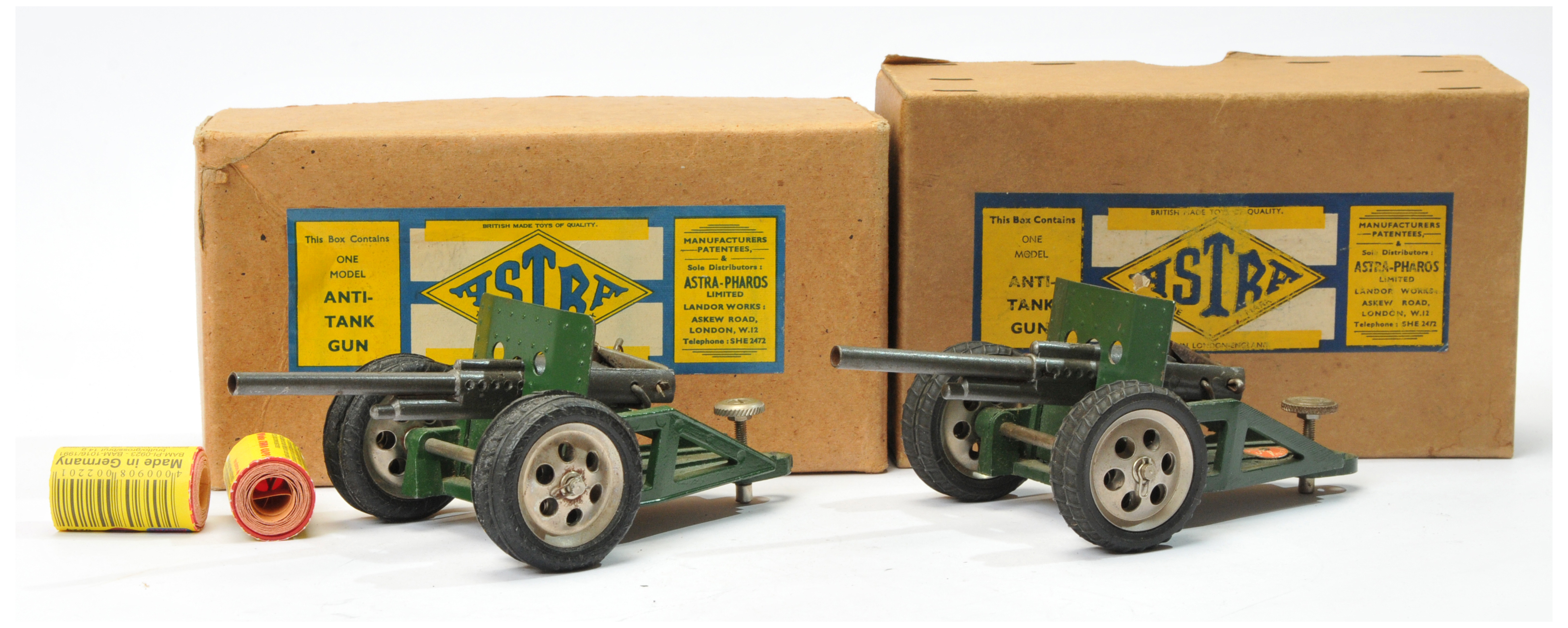 Astra Anti-Tank gun a pair (1) - military green, metal wheels and (2) same but darker green