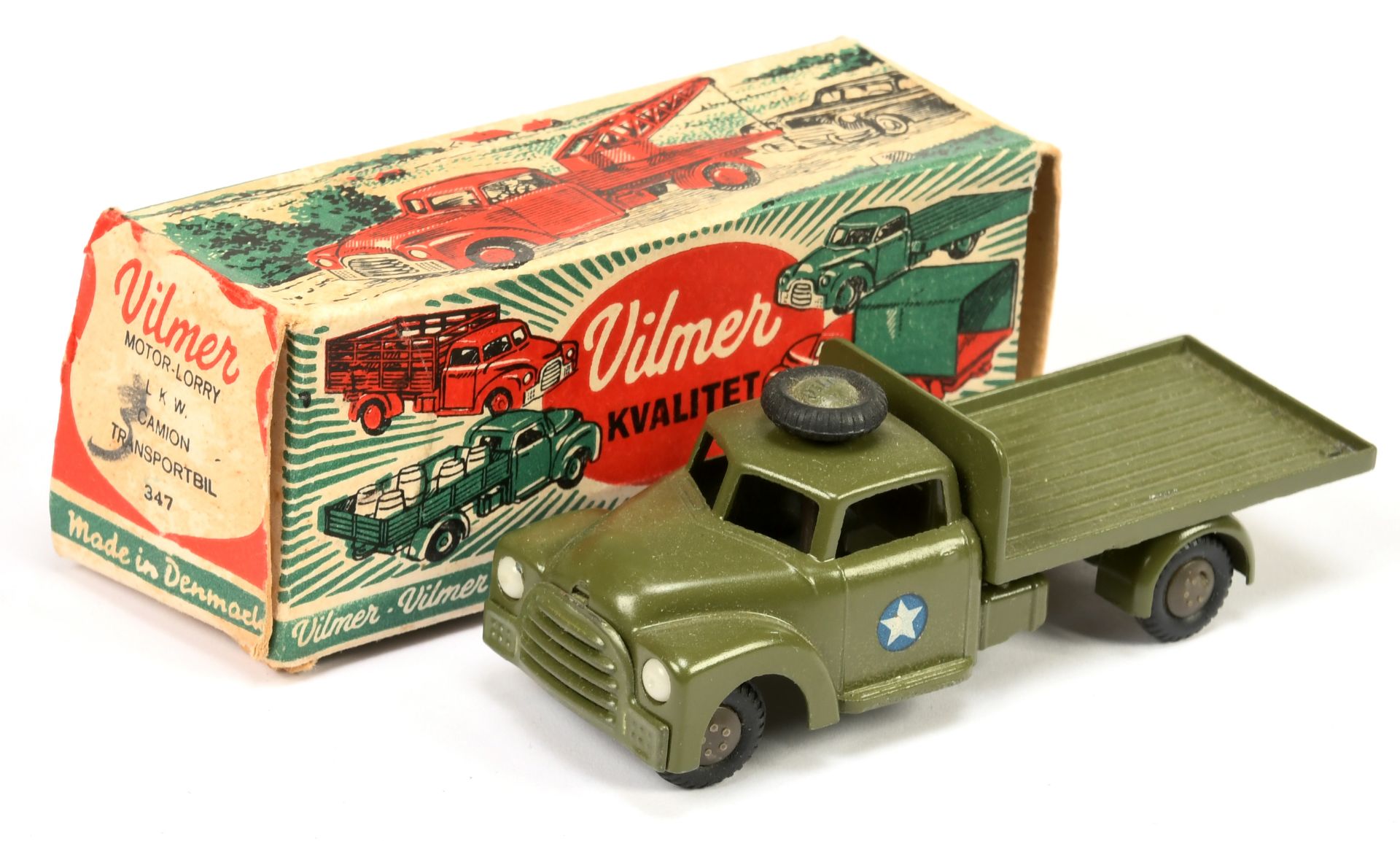 Vilmer  military 347  flat bed truck with spare wheel on roof - green including hubs