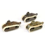 Tootsietoy group of 3 Renault Tanks - (1) black , yellow,(2) dark brown (3) dark, yellow purple 