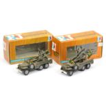 FJ Military a pair  - (1) with Anti-aircraft gun lorry - Drab green with silver hubs and (2) same...