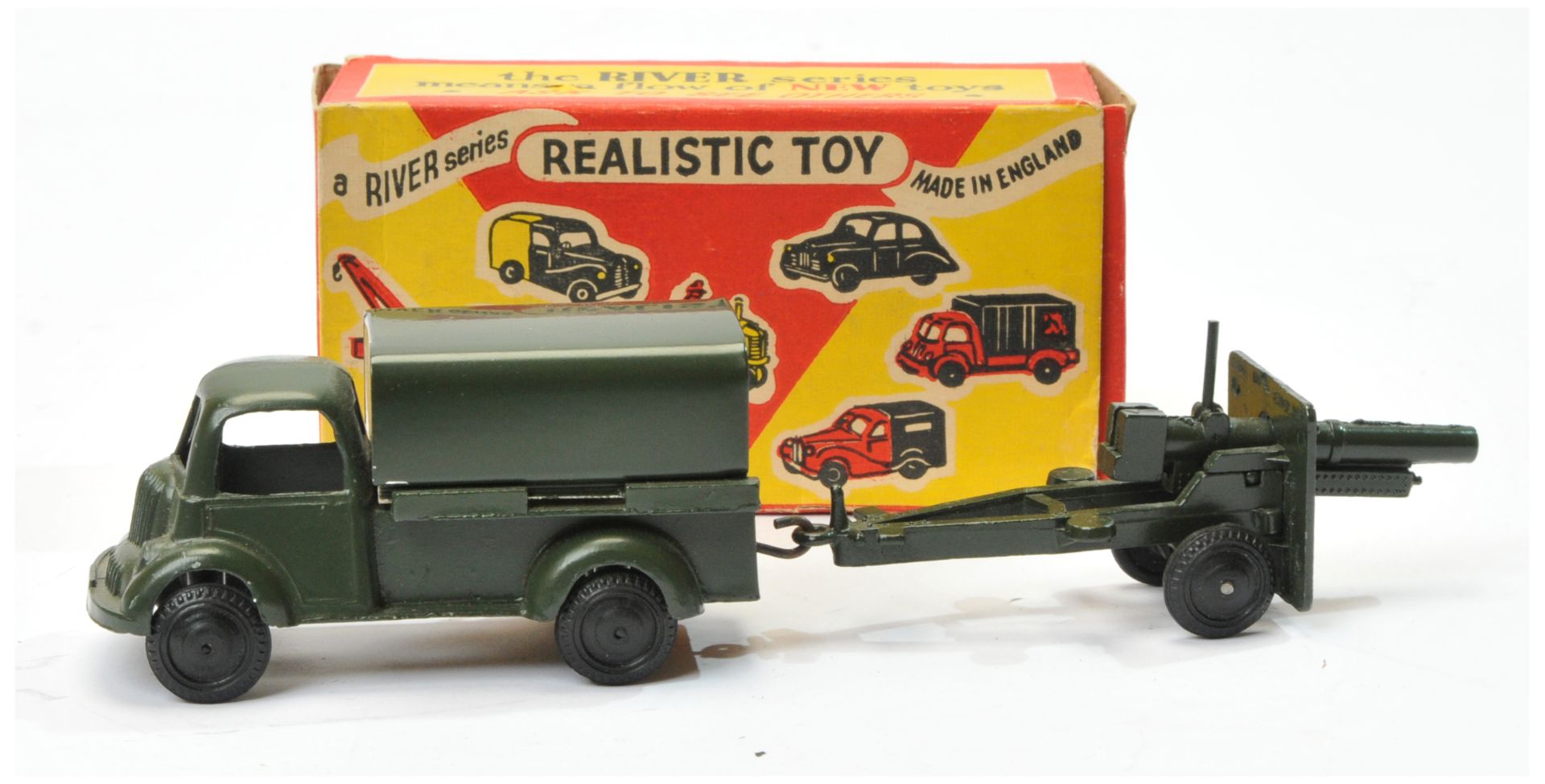 River Series Military covered lorry and field gun - dark military green